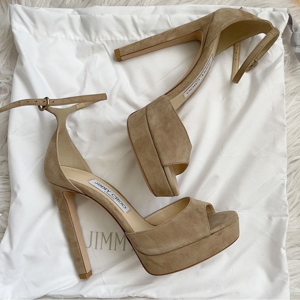 “New” JIMMY CHOO Max 150 Sand Suede Platform heels Ankle Strap Heel 36.5 US
